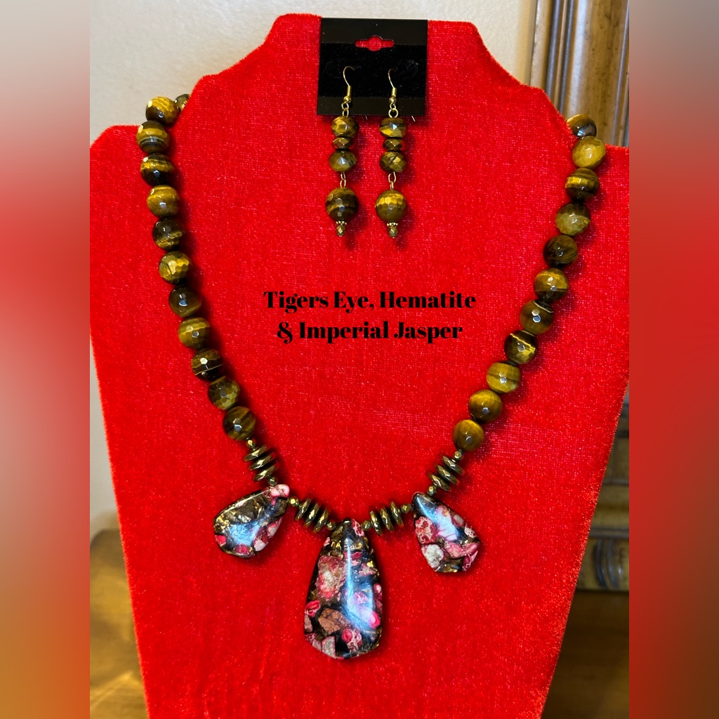 2pc Tigers Eye, Hematite & Imperial Jasper Gemstone Necklace & Earrings Set.
